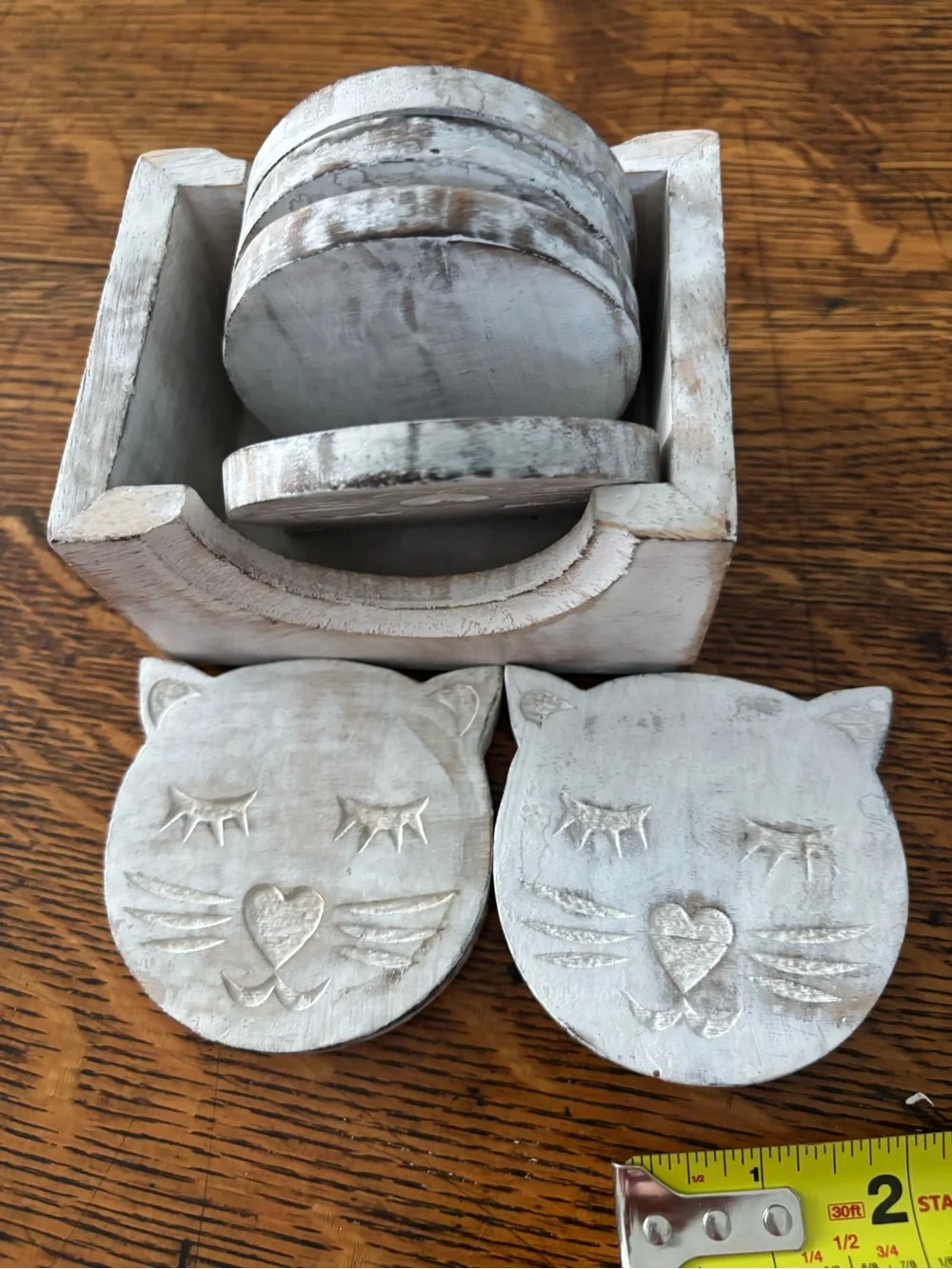 Set of 6 Distressed White Wooden Cat Coasters with Holder